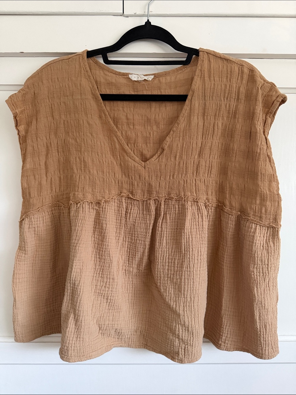 Gauzy, Flowy, Cap Sleeve, V-Neck 100% Cotton Blouse Khaki